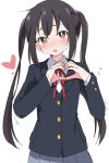  1girl :o black_hair blazer blush brown_eyes grey_skirt heart heart_hands ixy jacket k-on! long_hair long_sleeves looking_at_viewer nakano_azusa open_mouth pleated_skirt red_neckwear red_ribbon ribbon sakuragaoka_high_school_uniform school_uniform shirt sidelocks simple_background skirt solo twintails white_background white_shirt 