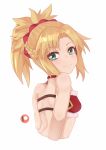  1girl bangs bare_shoulders blonde_hair blush braid breasts commentary darahan english_commentary eyebrows_visible_through_hair fate/grand_order fate_(series) from_side green_eyes hair_ornament hair_scrunchie long_hair looking_at_viewer mordred_(fate) mordred_(fate)_(all) patreon_logo ponytail red_scrunchie scrunchie small_breasts smile solo 