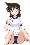  1girl :d blue_buruma blue_eyes blush breasts brown_hair buruma gym_uniform highres ken_(haresaku) long_hair looking_at_viewer medium_breasts meitantei_conan mouri_ran open_mouth shirt short_sleeves simple_background sitting smile solo spread_legs white_background white_shirt 