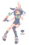  1girl :o \m/ animal_ear_fluff animal_ears argyle argyle_legwear asymmetrical_legwear bandaid bandaid_on_knee bangs black_hair black_legwear blunt_bangs bunny_tail collar daizu_(melon-lemon) expressionless floating flower frills full_body gloves green_eyes hair_ornament hairband hand_up highres holding holding_weapon jitome lolita_hairband looking_at_viewer name_tag no_nose old_school_swimsuit one-piece_swimsuit open_mouth original rabbit_ears ribbon school_swimsuit shoes short_hair simple_background sneakers solo striped swimsuit tail tulip two_side_up upper_teeth weapon white_background white_gloves 