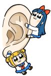  2girls :3 bangs bkub blue_eyes blue_hair blue_sailor_collar blue_skirt blush_stickers bow brown_footwear commentary disembodied_appendage dot_nose ears eyebrows_visible_through_hair hair_bow hair_ornament hair_scrunchie handkerchief hanging highres light_blush long_hair multiple_girls orange_hair pipimi poptepipic popuko red_bow red_neckwear sailor_collar school_uniform scrunchie serafuku shirt shoes short_hair short_twintails sidelocks simple_background skirt socks twintails two_side_up white_background white_legwear white_shirt yellow_eyes yellow_scrunchie 