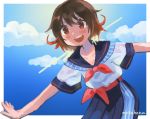  1girl alternate_costume artist_name black_sailor_collar black_skirt blue_sky brown_hair casual clouds condensation_trail dress gradient_hair kantai_collection mogamiya_honu multicolored_hair mutsuki_(kantai_collection) open_mouth outstretched_arms pleated_skirt redhead round_teeth sailor_collar short_hair skirt sky smile solo teeth upper_teeth 