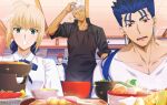  !? 1girl 3boys ahoge akujiki59 apron archer_(fate) bangs blonde_hair blue_hair blush bowl ceiling character_request closed_eyes collarbone collared_shirt commentary_request cu_chulainn_(fate) cu_chulainn_(fate/stay_night) drooling fate_(series) food green_eyes hair_ribbon hand_up indoors lens_flare multiple_boys open_mouth parted_lips red_eyes ribbon shirt smile sparkle spiky_hair tile_ceiling tiles tongue upper_teeth white_hair white_shirt 