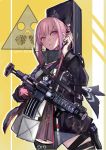  1girl ar-15 assault_rifle bangs cellphone chinese_commentary commentary dress echo eyes_visible_through_hair girls_frontline gloves gun hair_between_eyes hair_ornament holding holding_cellphone holding_gun holding_phone holding_weapon jacket long_hair looking_at_viewer multicolored_hair original parted_lips phone pink_eyes pink_hair red_gloves rifle scope sidelocks simple_background solo st_ar-15_(girls_frontline) standing streaked_hair thigh-highs weapon 