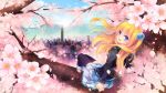  1girl black_shirt blonde_hair blue_eyes cherry_blossoms cityscape clouds cloudy_sky eyebrows_visible_through_hair hair_between_eyes hair_ornament in_tree long_hair long_sleeves looking_at_viewer original outdoors plaid plaid_skirt shinia shirt sitting sitting_in_tree skirt sky solo thigh-highs tree white_skirt zettai_ryouiki 