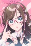  1girl a.i._channel bangs black_neckwear brown_hair commentary_request eyebrows_visible_through_hair eyes_visible_through_hair glasses green_eyes hairband head_tilt heart heart_in_eye highres kizuna_ai long_hair looking_at_viewer multicolored_hair necktie open_mouth pink_background pink_hair pink_hairband pink_nails pochi_(pochi-goya) portrait red-framed_eyewear simple_background solo streaked_hair symbol_in_eye two-tone_hair virtual_youtuber 