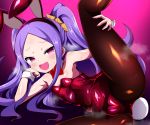  1girl animal_ears ass bangs bare_shoulders blush bow bowtie breasts bunny_tail bunnysuit detached_collar fake_animal_ears fang fate/grand_order fate_(series) forehead hair_ornament hair_scrunchie highres leg_up leotard long_hair looking_at_viewer lying on_side open_mouth pantyhose parted_bangs purple_hair rabbit_ears red_leotard scrunchie shiki_(catbox230123) small_breasts smile solo spread_legs tail thighs very_long_hair violet_eyes wrist_cuffs wu_zetian_(fate/grand_order) yellow_scrunchie 