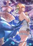  1girl ass bare_shoulders blonde_hair blue_eyes blue_sky breasts clouds commentary_request dress europa_(granblue_fantasy) eyebrows_visible_through_hair flower fountain granblue_fantasy hair_between_eyes hair_flower hair_ornament highres keikei_(kitty_colors) large_breasts short_hair sky solo star tiara water white_dress 