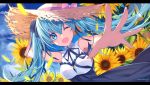  1girl aluppia blue_eyes blue_hair floating_hair flower foreshortening hat hatsune_miku highres long_hair one_eye_closed open_mouth outdoors outstretched_arm sky solo straw_hat sun_hat sunflower twintails vocaloid 