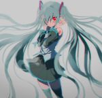  1girl absurdres black_legwear black_skirt blue_hair blurry blush chromatic_aberration depth_of_field detached_sleeves expressionless fingernails floating_hair grey_background grey_shirt hair_over_one_eye hands_on_own_face hatsune_miku highres long_hair looking_away number_tattoo parted_lips pleated_skirt red_eyes rin_(rin7kan7) shirt shoulder_tattoo simple_background skirt sleeveless sleeveless_shirt solo standing tattoo thigh-highs thighs twintails very_long_hair vocaloid zettai_ryouiki 