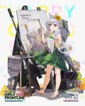  1girl animal_ears anti-materiel_rifle bangs blush braid breasts character_name choker closed_mouth dress easel flower full_body girls_frontline green_dress green_eyes green_hairband green_ribbon grey_hair gun hair_between_eyes hair_flower hair_ornament hair_over_shoulder hair_ribbon hairband holding_brush holding_easel ksvk_(girls_frontline) ksvk_12.7 long_hair looking_at_viewer official_art paintbrush painting painting_(object) pandea_work ponytail ribbon rifle sandals smile sniper_rifle solo standing sunflower table very_long_hair weapon younger 