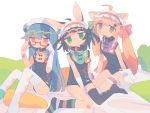  3girls :o adjusting_eyewear animal_ears argyle argyle_legwear asymmetrical_gloves asymmetrical_legwear bandaid bangs bear_ears bed_sheet black_hair blue_hair carrot cat_ears closed_mouth collar d: daizu_(melon-lemon) elbow_gloves expressionless furrowed_eyebrows glasses gloves gradient_eyes green_eyes hair_between_eyes hair_ornament hair_ribbon hairband highres jitome kneehighs knees_up lolita_hairband long_hair looking_at_viewer maid_headdress multicolored multicolored_eyes multiple_girls name_tag no_nose no_shoes old_school_swimsuit one-piece_swimsuit open_mouth original pillow rabbit_ears red_eyes ribbon school_swimsuit semi-rimless_eyewear short_hair sitting striped striped_legwear swimsuit tears thigh-highs twintails under-rim_eyewear wariza white_background white_gloves white_legwear 