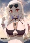  1girl absurdres alternate_costume azur_lane bangs bare_shoulders black-framed_eyewear black_bikini_top black_choker breasts bubble_tea bubble_tea_challenge character_name choker clouds cloudy_sky collarbone copyright_name cup day disposable_cup drinking_straw eyebrows_visible_through_hair eyelashes eyewear_on_head fengyue_jiang front-tie_bikini front-tie_top hair_between_eyes hand_in_hair hands_up heart heart-shaped_eyewear highres large_breasts looking_at_viewer navel o-ring o-ring_bikini o-ring_top object_on_breast open_mouth outdoors palm_tree red_eyes round_teeth scrunchie shadow short_hair sirius_(azur_lane) sirius_(midsummer_seirios)_(azur_lane) sky solo sun sunglasses sunlight teeth tongue tree upper_body white_hair white_scrunchie wrist_scrunchie 