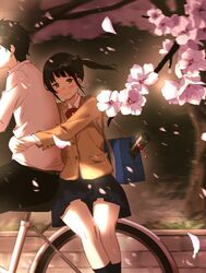  1boy 1girl bag bicycle black_hair black_legwear black_pants black_skirt blush bookbag brown_eyes cherry_blossoms graduation ground_vehicle highres hug kneehighs mamigo original outdoors pants school_uniform shirt short_hair side_ponytail sidesaddle skirt tearing_up white_shirt 