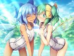  2girls ^_^ ass bangs bare_arms bare_shoulders blue_bow blue_hair blue_sky blush bow breasts chima_q cirno closed_eyes clouds collarbone commentary_request covered_nipples cowboy_shot daiyousei day eyebrows_visible_through_hair facing_another fairy_wings green_eyes green_hair hair_between_eyes hair_bow hand_on_own_chest highres ice ice_wings leaning_forward light_rays multiple_girls nose_blush one-piece_swimsuit open_mouth outdoors short_hair side_ponytail sky small_breasts smile standing sweat swimsuit tan tanned_cirno thighs touhou tree v_arms white_swimsuit wings yellow_bow 