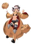  1girl :d animal_costume bangs bikini_top blackball blunt_bangs blush breasts full_body grey_hair hair_ornament hands_up horns long_sleeves looking_at_viewer medium_breasts midriff navel open_mouth original pig pig_costume red_eyes salute short_hair short_shorts shorts simple_background smile solo standing stomach teeth thigh-highs vulcan_salute white_background 