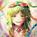  1girl amulet anniversary bare_shoulders blush collar commentary confetti crying crying_with_eyes_open goggles goggles_on_head green_eyes green_hair gumi happy_tears highres looking_at_viewer open_mouth portrait reiro_sakura ribbon short_hair_with_long_locks smile solo tears vocaloid 