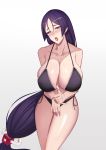 1girl absurdres bikini bikini_pull black_bikini blush breasts eyebrows_visible_through_hair fate/grand_order fate_(series) highres huge_breasts long_hair looking_at_viewer low-tied_long_hair manna_(pixiv8805037) minamoto_no_raikou_(fate/grand_order) navel purple_hair sexually_suggestive side-tie_bikini simple_background solo swimsuit tongue tongue_out very_long_hair wet