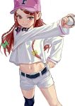  1girl baseball baseball_cap baseball_uniform belt black_legwear blush braid fkey hair_ornament hairclip hat highres long_hair looking_at_viewer midriff navel original red_eyes redhead shorts simple_background single_thighhigh sleeves_past_wrists slit_pupils smile solo sportswear thigh-highs white_background 