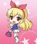  1girl :d aikatsu! aikatsu!_(series) bag bangs blazer blonde_hair blue_jacket blush boots eyebrows_visible_through_hair full_body hair_between_eyes hair_ribbon hairband heart heart_background high_heel_boots high_heels holding holding_bag hoshimiya_ichigo jacket knee_boots long_hair looking_at_viewer looking_to_the_side nekono_rin open_mouth pleated_skirt red_eyes red_hairband red_ribbon ribbon skirt smile solo standing star starlight_academy_uniform starry_background very_long_hair white_footwear white_skirt 