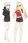 2girls ahoge artoria_pendragon_(all) bangs bare_legs black_jacket black_ribbon black_shorts blonde_hair blush breasts collarbone commentary_request eyebrows_visible_through_hair fate/grand_order fate_(series) frown full_body green_shirt hair_between_eyes hair_ribbon jacket long_hair long_sleeves looking_at_viewer medium_breasts multiple_girls navel nero_claudius_(fate) nero_claudius_(fate)_(all) red_shirt ribbon saber_alter shirt shiseki_hirame short_hair short_shorts short_sleeves shorts simple_background smile white_background 