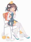  1girl backpack bag bangs blunt_bangs brown_hair chair daizu_(melon-lemon) from_side gradient_eyes grey_background highres holding looking_at_viewer multicolored multicolored_eyes on_head original parted_lips randoseru rubber_duck shoes simple_background sitting solo sweat thigh-highs uwabaki white_legwear 