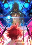  2boys abs absurdres arjuna_(fate/grand_order) arjuna_alter armor black_eyes burning_garment_of_three_gods dark_skin dark_skinned_male fate/grand_order fate_(series) fighting fighting_stance hair_between_eyes highres horns jewelry karna_(fate) long_hair male_focus multiple_boys navel pale_skin pants redhead shirtless shoulder_pads tsugutoku weapon white_hair white_pants 