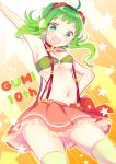  1girl anniversary arm_up armpits bra breasts character_name collar commentary cowboy_shot frilled_skirt frills goggles goggles_on_head green_eyes green_hair gumi hand_on_hip headphones highres kawahara_chisato looking_at_viewer medium_breasts midriff navel open_mouth orange_skirt skirt smile solo star star_in_eye strapless strapless_bra suspender_skirt suspenders symbol_in_eye thigh-highs under_boob underwear vocaloid 