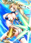  1girl absurdres ass bangs bare_shoulders bikini blonde_hair blue_eyes blue_gloves blush boots bradamante_(fate/grand_order) braid breasts elbow_gloves fate/grand_order fate_(series) faulds french_braid gloves hair_ornament halo highres hip_focus huge_filesize knee_boots long_hair looking_at_viewer paid_reward patreon_reward polearm rei_kun solo swimsuit thigh_strap thighs twintails weapon white_bikini_bottom 