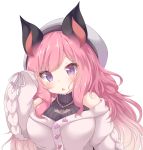  1girl animal_ears animare bangs bat_ears black_shirt blush breasts chestnut_mouth daidai_ookami eyebrows_visible_through_hair fang grey_headwear hair_ornament hand_up hat highres jacket jewelry large_breasts long_hair long_sleeves necklace parted_lips pink_hair puffy_long_sleeves puffy_sleeves ribbed_shirt shirt sidelocks sleeveless sleeveless_shirt sleeves_past_wrists solo umori_hinako upper_body violet_eyes virtual_youtuber white_background white_jacket 