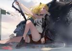  1girl animal_ears arknights bare_shoulders black_footwear black_jacket blonde_hair breasts brown_eyes camisole closed_mouth clouds cloudy_sky commentary_request day fur-trimmed_jacket fur-trimmed_shorts fur_trim holding holding_sword holding_weapon jacket knee_up lion_ears lion_girl lion_tail long_hair long_sleeves looking_away looking_to_the_side medium_breasts mouth_hold outdoors rabbit_(tukenitian) red_shorts shoes short_shorts shorts siege_(arknights) sitting sky sleeves_past_wrists solo sword tail weapon white_camisole 