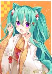  1girl animal_ear_fluff animal_ears bangs blush brown_kimono claw_pose commentary_request eyebrows_visible_through_hair fang floral_print green_hair hair_between_eyes hair_ornament hands_up japanese_clothes kimono long_hair long_sleeves maki_soutoki obi open_clothes open_mouth orange_background original print_kimono sash solo tail two_side_up upper_body very_long_hair violet_eyes wide_sleeves 