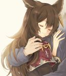 1boy 1girl animal_ears black_hair blue_sweater chococaramelize closed_eyes commentary_request ear_piercing erune gran_(granblue_fantasy) granblue_fantasy hug long_hair nier_(granblue_fantasy) piercing robe smile solo_focus sweater 