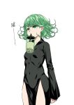  1girl black_dress breasts bubble_tea_challenge cowboy_shot curly_hair dress drinking f.w.zholic green_eyes green_hair highres looking_afar looking_at_viewer one-punch_man pelvic_curtain psychic short_hair simple_background small_breasts solo tatsumaki telekinesis white_background 
