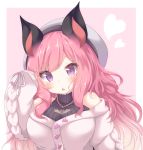  1girl animal_ears animare bangs bat_ears black_shirt blush breasts chestnut_mouth commentary_request daidai_ookami eyebrows_visible_through_hair fang grey_headwear hair_ornament hand_up hat heart jacket jewelry large_breasts long_hair long_sleeves necklace parted_lips pink_background pink_hair puffy_long_sleeves puffy_sleeves ribbed_shirt shirt sidelocks sleeveless sleeveless_shirt sleeves_past_wrists solo two-tone_background umori_hinako upper_body violet_eyes virtual_youtuber white_background white_jacket 