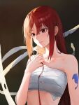  1girl absurdres arm_tattoo bare_arms brown_background brown_eyes closed_mouth collarbone commentary english_commentary erza_scarlet eyebrows_visible_through_hair fairy_tail hand_up highres light_smile long_hair mac_star red_ribbon redhead ribbon sarashi solo tattoo upper_body 