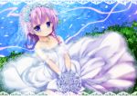  1girl bare_shoulders blue_flower blue_rose bouquet braid bride closed_mouth collarbone dress flower flower_knight_girl full_body hair_flower hair_ornament holding holding_bouquet izumi_yukiru jewelry kneeling looking_at_viewer necklace purple_hair rose short_hair smile solo strapless strapless_dress teppouyuri_(flower_knight_girl) veil violet_eyes wedding_dress white_dress white_flower white_rose 