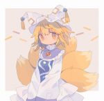  1girl beige_background blonde_hair border daizu_(melon-lemon) expressionless fox_tail frills hat highres long_sleeves looking_at_viewer multiple_tails outside_border pillow_hat simple_background solo tabard tail tareme tassel touhou v_arms wide_sleeves yakumo_ran yellow_eyes 