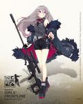  1girl bangs black_footwear black_gloves black_shorts boots breasts character_name coat cross-laced_footwear earphones feather-trimmed_coat floating_hair full_body girls_frontline gloves goggles goggles_around_neck grey_coat grey_hair grey_tank_top gun highres holding holding_gun holding_weapon lace-up_boots logo long_hair looking_away medium_breasts multicolored_hair multiple_straps off_shoulder official_art open_clothes open_coat purple_hair rifle scope shorts sidelocks single_glove sniper_rifle sola7764 solo streaked_hair t-cms_(girls_frontline) tank_top tinted_eyewear truvelo_cms very_long_hair violet_eyes weapon wristband 