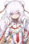  1girl azur_lane bangs blue_eyes bow cape chromatic_aberration commentary_request covered_collarbone double_bun hair_bow hair_ribbon hand_up highres holding holding_sword holding_weapon le_malin_(azur_lane) long_hair long_sleeves nyucha parted_lips partial_commentary red_bow red_ribbon ribbon shirt shoulder_pads sidelocks simple_background solo sword upper_body weapon weapon_request white_background white_cape white_hair white_shirt 