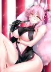  1girl absurdres bare_shoulders bell black_dress black_gloves blush breasts center_opening china_dress chinese_clothes dress fate/grand_order fate_(series) glasses gloves hair_between_eyes highres hip_focus huge_filesize jingle_bell koyanskaya large_breasts long_hair looking_at_viewer paid_reward patreon_reward pink_hair rei_kun sitting smile solo thighs under_boob yellow_eyes 