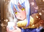  1girl androgynous blue_coat bouquetforangel coat cup eyebrows_visible_through_hair fur-trimmed_coat fur_trim hair_between_eyes highres holding holding_cup open_mouth outdoors portrait rimuru_tempest short_hair silver_hair snowing solo tensei_shitara_slime_datta_ken yellow_eyes 