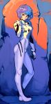  1girl ayanami_rei blue_hair bodysuit breasts commentary dusk english_commentary expressionless from_side full_body hairpods neon_genesis_evangelion pilot_suit plugsuit red_eyes rock short_hair small_breasts solo standing turtleneck typo_(requiemdusk) white_bodysuit 