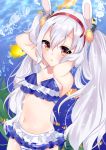  1girl air_bubble animal animal_ears armpits arms_up azur_lane bangs bare_shoulders bikini blue_bikini blush bubble clownfish commentary_request day eyebrows_visible_through_hair fish hair_between_eyes hair_ornament hairband laffey_(azur_lane) long_hair looking_at_viewer misaki_(misaki86) navel outdoors parted_lips rabbit_ears red_eyes red_hairband silver_hair solo striped swimsuit twintails underwater very_long_hair water 