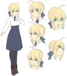  1girl ahoge artoria_pendragon_(all) bangs black_footwear black_legwear braid breasts collarbone commentary_request eyebrows_visible_through_hair face fate/stay_night fate_(series) full_body green_eyes hair_between_eyes hair_ribbon highres long_sleeves looking_at_viewer medium_breasts multiple_views ribbon saber shiseki_hirame simple_background smile standing white_background 