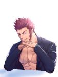  1boy abs beard blue_eyes brown_hair chest crossed_fingers facial_hair fate/grand_order fate_(series) jacket long_sleeves looking_at_viewer male_focus muscle napoleon_bonaparte_(fate/grand_order) open_clothes open_jacket pectorals scar simple_background smile solo soulga3 