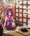  1girl against_wall artist_name bangs bare_arms black_legwear blurry_foreground branch cherry_blossoms closed_mouth collar commentary_request english_commentary highres incense_burner legs_together loafers looking_at_viewer monogatari_(series) necktie newspaper nisemonogatari plant pleated_skirt potted_plant purple_hair purple_neckwear purple_shirt purple_skirt red_collar rushieruart school_uniform senjougahara_hitagi shiny shiny_hair shirt shoes short_hair shouji sitting skirt sleeves_rolled_up sliding_doors smoke solo swept_bangs tatami thigh-highs violet_eyes watermark zettai_ryouiki 