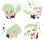  1boy blush closed_eyes cravat green_hair jacket lio_fotia male_focus multiple_views ns1123 open_mouth promare shaded_face short_hair smile speech_bubble translated violet_eyes 