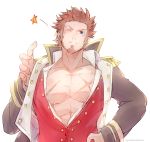  1boy ayatake_kg bara beard blue_eyes blush brown_hair chest epaulettes facial_hair fate/grand_order fate_(series) hand_on_hip highres jacket jacket_lift long_sleeves looking_at_viewer male_focus military muscle napoleon_bonaparte_(fate/grand_order) pectorals scar simple_background smile solo star teeth upper_body 