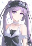  1girl absurdres bangs bare_shoulders black_bow black_hairband bow closed_mouth commentary_request dress euryale eyebrows_visible_through_hair fate/hollow_ataraxia fate_(series) flower frilled_hairband frills hairband highres ichikawayan long_hair petals purple_hair rose signature sleeveless sleeveless_dress solo twintails twitter_username upper_body very_long_hair violet_eyes white_dress white_flower white_rose 